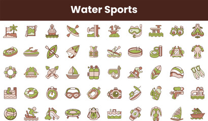 A vibrant collection of water sports icons, featuring kayaks, diving gear, and floating devices, showcasing a lively aquatic theme with various engaging activities.