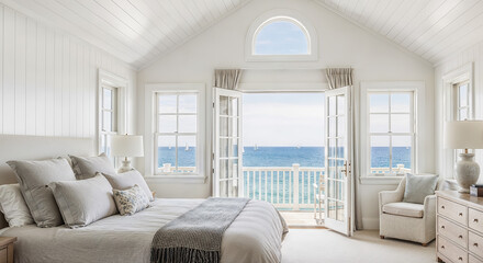 Hamptons oceanfront master bedroom with vaulted ceiling and panoramic sea views, luxury coastal retreat for vacation rental marketing website banners and real estate headers