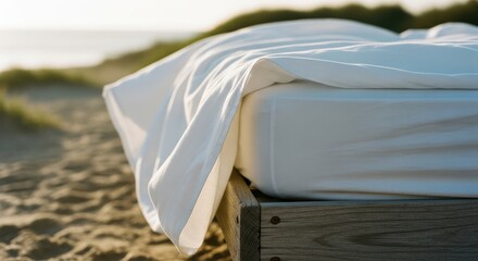 Hamptons beachside outdoor daybed with white linens and ocean view, luxury coastal relaxation for vacation rental marketing website banners and resort headers