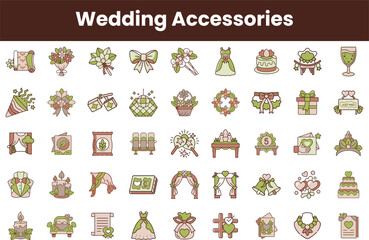 A collection of wedding accessory icons, featuring bouquets, cakes, dresses, and decorations, perfectly representing the joy and elegance of celebrations.
