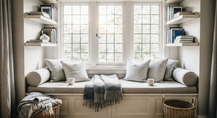 Hamptons coastal living room with built-in shelving and neutral sectional sofa, serene beachhouse interior for luxury home website banners and real estate marketing headers