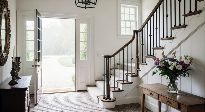 Elegant Hamptons foyer with curved staircase and natural light through French doors, sophisticated coastal home entryway for luxury real estate marketing website banners and headers