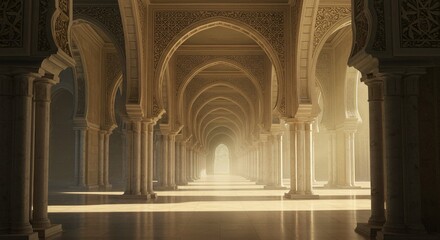 Anime Style Grand Islamic Hallway with Repeating Arches and Sunlight Beams