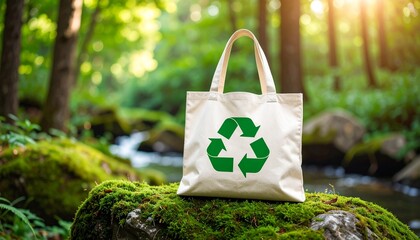 Eco-friendly reusable tote bag with recycling symbol in a lush forest setting