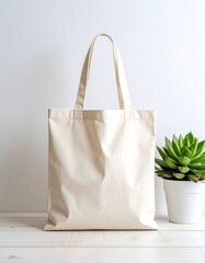 Natural Cotton Tote Bag With Green Plant In A White Pot On White Background