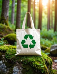 Eco-friendly tote bag with recycling symbol in natural forest setting
