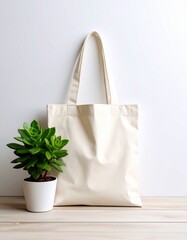 Reusable Cotton Tote Bag With Green Plant And White Pot Minimalist Studio Product Photo