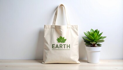 Eco friendly tote bag made of canvas with the Earth logo and green plants