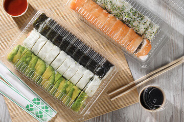sushi set on white wooden table