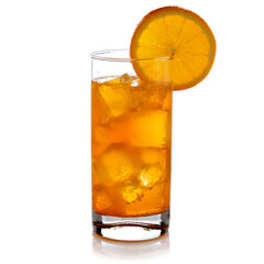 glass of tasty ice orange drink on white background
