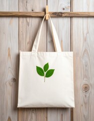 Eco-Friendly Canvas Tote Bag with Green Leaf Design Attached to Wooden Wall