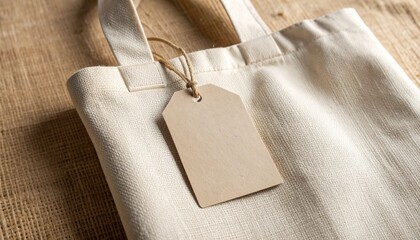 Blank Natural Cotton Tote Bag with Kraft Paper Tag on Burlap Background