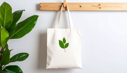 Eco friendly reusable canvas tote bag with green leaf motif hanging on a wooden hook
