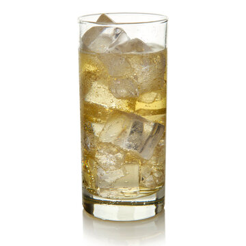 ice cubes of  ginger ale with glass