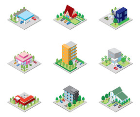 建物の立体的なイラスト. アイソメトリック画法.