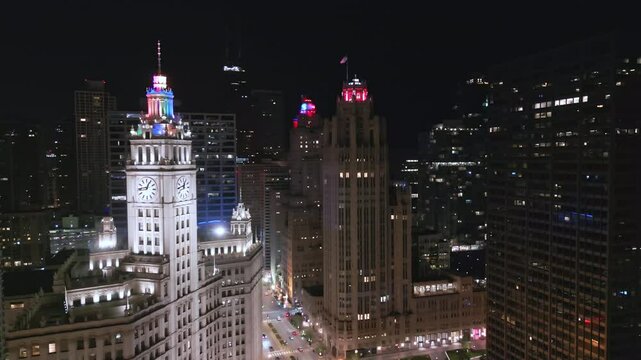 Aerial Reveal of Magnificent Mile in Chicago at Night
