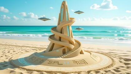 A stunning sandcastle tower on a sun-kissed beach under a bright sky, accompanied by hovering objects. The artwork is intricately designed