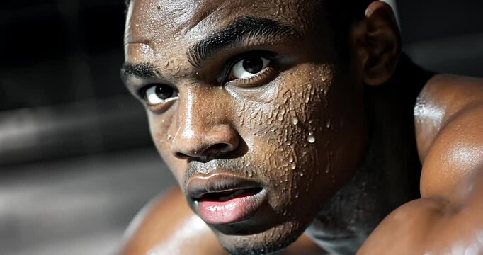 Close up video frame of a Black man with sweat glistening on his face his intense gaze captures determination. Monochromatic background and soft lighting add emphasis