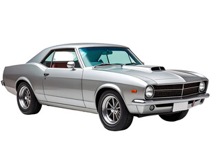 Obraz premium A sleek, silver classic coupe, meticulously detailed, showcasing its vintage design and powerful stance