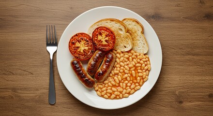 Savory Full English Breakfast Delight: Buttery Toast, Grilled Tomatoes, Succulent Sausages, and Creamy Baked Beans Await Your Fork.