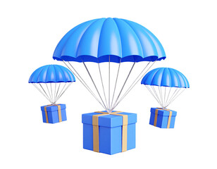 Three gift boxes descend via blue parachutes