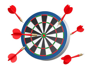 Darts embedded in a dartboard, aiming for the center