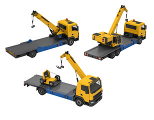 Three isometric views of a yellow recovery truck with a crane and a flatbed