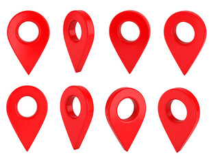 Eight red map pointers in various angles