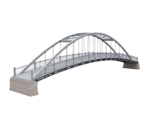A 3D model of a graceful, arched pedestrian bridge with metal railings and concrete supports