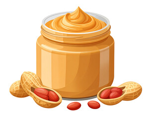 Creamy peanut butter in a glass jar with peanuts