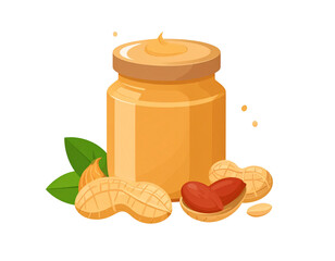 Creamy peanut butter in a glass jar with peanuts and leaves
