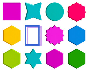Colorful geometric shapes, various sizes and forms, vibrant hues