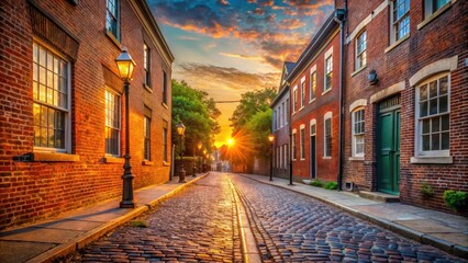 Fototapeta premium Historic town street with red brick wall and cobblestone sidewalk at sunrise, architecture, texture, architecture, texture
