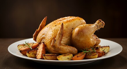 Golden-brown roasted chicken, glistening with savory juices, sits majestically on a pristine white plate, surrounded by perfectly roasted root vegetables, a culinary masterpiece ready to be enjoyed.