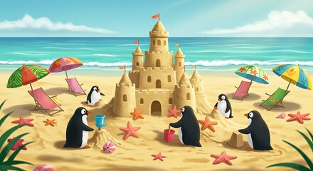 Obraz premium Penguins build a sandcastle on the beach cartoon illustration for children
