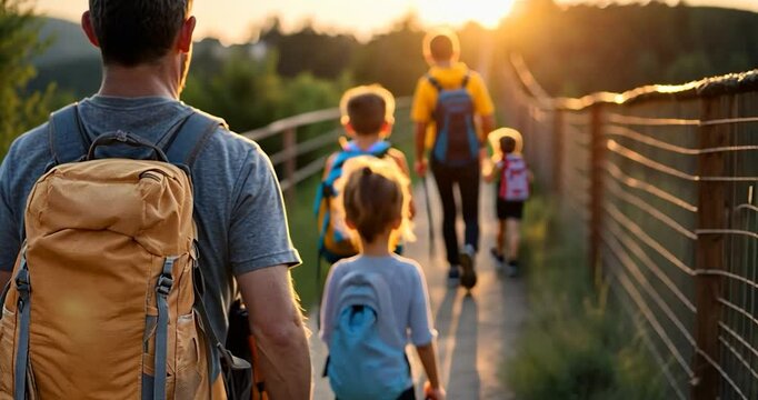 Family hiking on trail at sunset Back view of person with backpack leading children on a pathway Sunlit outdoor family activities