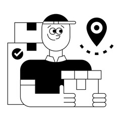 Entrega a domicilio. Repartidor con cajas y entrega validada. Logística eficiente, distribución confiable y cumplimiento en entregas. Repartidor con paquetes. Ilustración vectorial