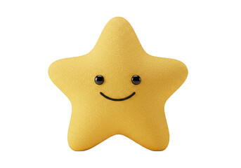 Cute Smiling Yellow Star Plush Toy with Black Eyes on Transparent Background