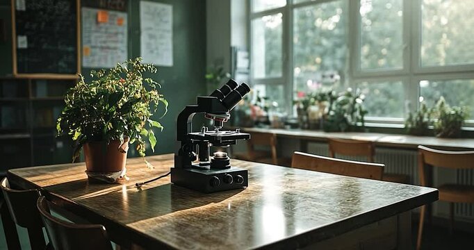 Video of a microscope on wooden table in classroom with natural light from window, plants and chairs visible