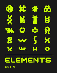 Rave psychedelic retro futuristic set. Surreal geometric shapes, abstract backgrounds and patterns, wireframe, cyberpunk elements and perspective grids. Vector elements and signs in trendy psychedelic