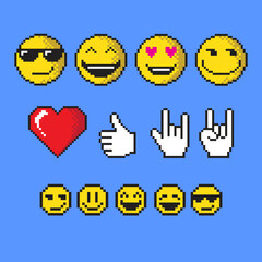 Set of y2k pixel elements. Collection of pixel heart, smile faces, hands. Design for print, cartoon, card, decoration, sticker.