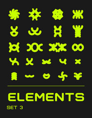 Rave psychedelic retro futuristic set. Surreal geometric shapes, abstract backgrounds and patterns, wireframe, cyberpunk elements and perspective grids. Vector elements and signs in trendy psychedelic