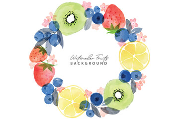 Set of summer fruits watercolor art pattern frame background. Sweet kiwi, strawberry, blueberry and lemon in frame.Summer fruits pattern. Fruit berry background. Watercolor fruit texture