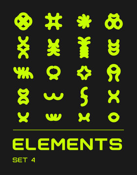 Rave psychedelic retro futuristic set. Surreal geometric shapes, abstract backgrounds and patterns, wireframe, cyberpunk elements and perspective grids. Vector elements and signs in trendy psychedelic