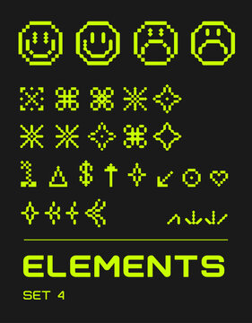 Rave psychedelic retro futuristic set. Surreal geometric shapes, abstract backgrounds and patterns, wireframe, cyberpunk elements and perspective grids. Vector elements and signs in trendy psychedelic