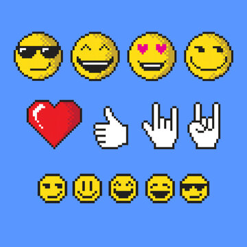 Set of y2k pixel elements. Collection of pixel heart, smile faces, hands. Design for print, cartoon, card, decoration, sticker.