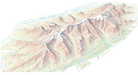 Detailed Relief Map of a Mountain Range  Illustrative 3D Perspective