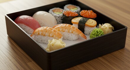 Indulge in the Exquisite Delights of a Beautifully Arranged Sushi Bento Box, a Culinary Masterpiece Ready to Savor.