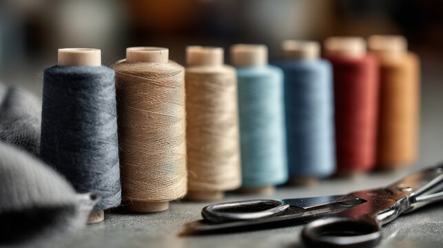 Colorful spools of thread arranged on a table beside scissors in a cozy sewing studio setting - Powered by Adobe
