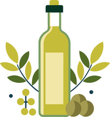 Minimalist vector of a bottle of olive oil with olives and sprigs with white background.